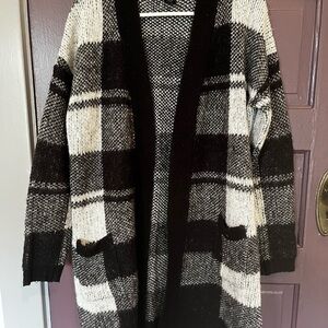 Open-Front Black and Cream Plaid Women's Cardigan